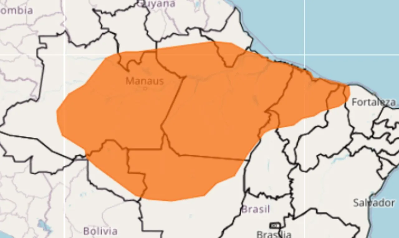 O mapa mostra as &aacute;reas em alerta para chuva intensa e regi&otilde;es do norte, nordeste e MT